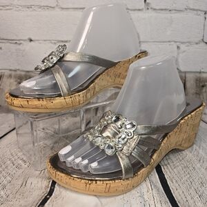 Yellow Box Silver Wedge Sandals with Crystal Embellishments Cork Heel Womens 9
